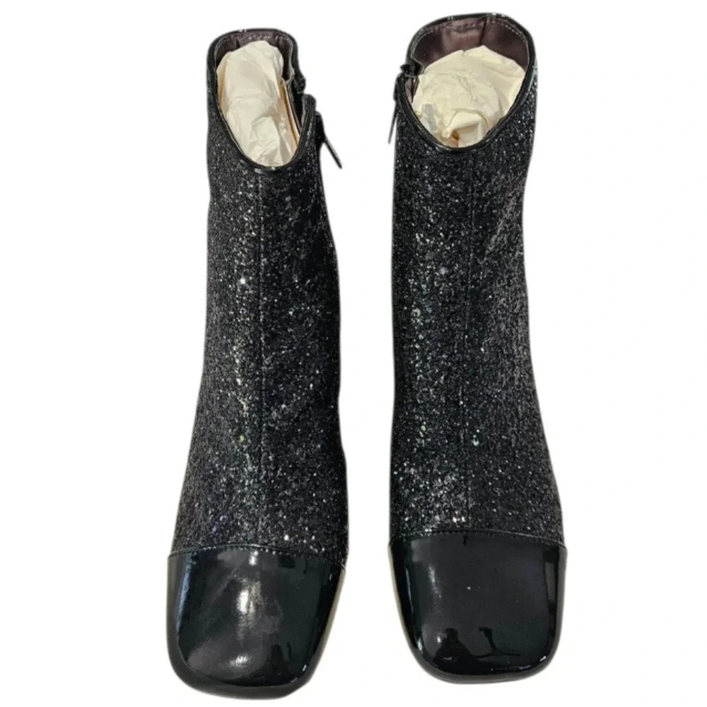 Black Glitter Ankle Boots Square Toe Block Heel Evening Party‎ Sparkle Size 8M